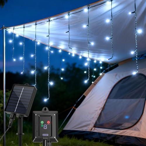 Aigostar Cortina Luces para Exterior Solares, 3M+5M*0.6M 100 LED 8 Modos, Cortinas de Luz Exterior, IP65, Visualización del nivel de batería, para Bodas, Fiestas. Luz Blanca Fría
