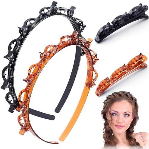 GGUFAY Serre-Tête Femme 4 Pièces Avec Pinces - 2 Bandes & 2 Barrettes Pour Coiffure Sport/Maquillage (Noir, Marron, Ambre)