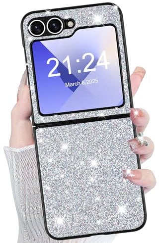 WATACHE for Samsung Galaxy Z Flip 6 Case, Bling Glitter Flip Case for Girls Women, Cute Shiny Sparkle Shockproof Cover Protective Phone Case for Galaxy Flip 6 Phone Case Cover 2024 5G(Silver)