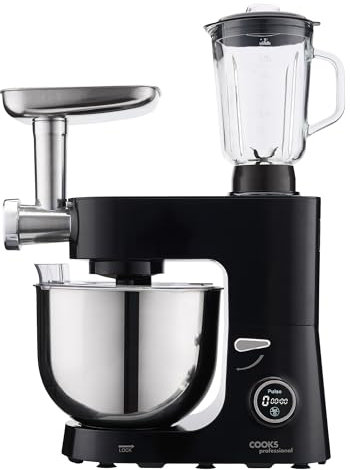 Cooks Professional Multi Function Stand Mixer 1800W with 8L Stainless Steel Bowl, Accessory Kit, Blender & Meat Mincer Capability, 8 Speed Settings, Pulse Function & Digital Control | Black