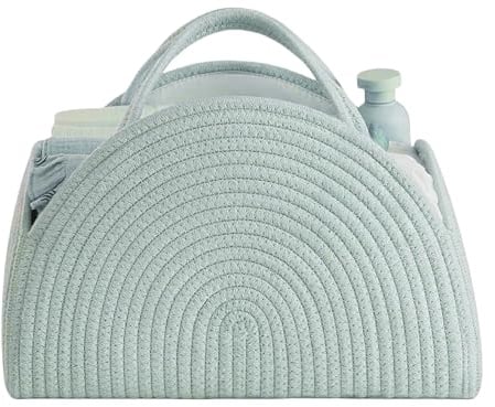 Wickeltasche Organizer, Baby Windel Caddy Korb, Tragbarer Aufbewahrungskorb für den Wickeltisch, Wickelkorb Organizer mit Fächern & Griffen, Baumwollseilkorb für Babyparty Geschenke (Grün)