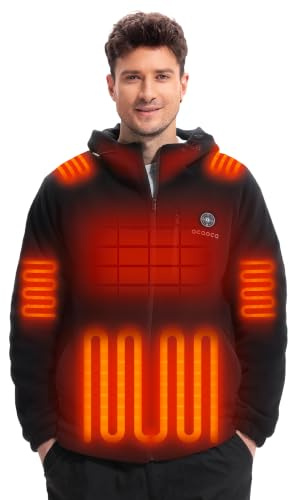 OCQOCQ Beheizbare Jacke Herren Fleece mit 16000mAh Akku, Heizjacke Herren | 15 Heizzonen, 3 Temperaturstufen, Windabweisend, Feste Kapuze, Leicht, Heizweste, Winter Outdoor‑Aktivitäten, Motorradfahren