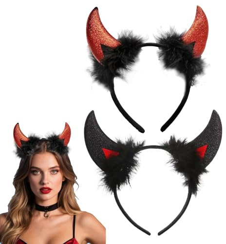 EUYKQNOI 2 Bandeau Cornes de Diable, oreilles de diable rouges, Demon Bandeaux Anges Auréole, Serre-Tête pour Déguisement Cosplay Accessoires Costume