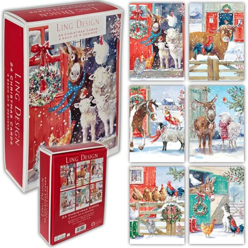 Ling design Premium Box of 24 Assorted Christmas and Happy New year Cards - 4 Each of 6 Designs - Great British Card Company (Farmyard Animals)