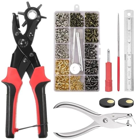 Gürtellocher Professionelle Lederlochzange Set, Leather Revolverlochzange Gürtellochzange, mit 150 Nieten 20 Druckknöpfe usw für Gürtel, Handtaschen, Riemen, Karton, 6 Auswechselbaren Lochpfeifen