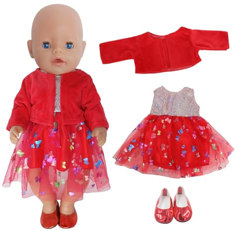Babypuppenkleidung für 35-45 cm Babypuppen, 3 Stück Süßes Puppenkleidung, 14-18 Zoll Puppenkleidung und Accessoires mit Roter Mantel, Chiffonrock mit Schmetterling, Schuhe Puppen Outfits