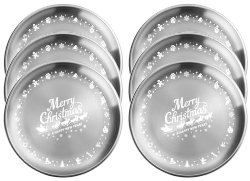 XIAOYU 6 Stück Weihnachtsteller aus Edelstahl, runde Essteller aus Metall, einzigartiges Weihnachtsmuster-Design, 20,3 cm großes Essgeschirr in Lebensmittelqualität für Abendessen, Partys, Camping