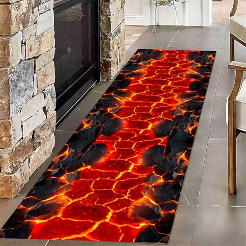 USHIRUG Flammen Läufer, 100x300cm Lava Magma Roter und Schwarzer Flur Teppich, Läufer Mit Optischer Täuschung für Eingangsbereich, rutschfeste, Kurzflorige Überwürfe für Wohnzimmer, Schlafzimmer