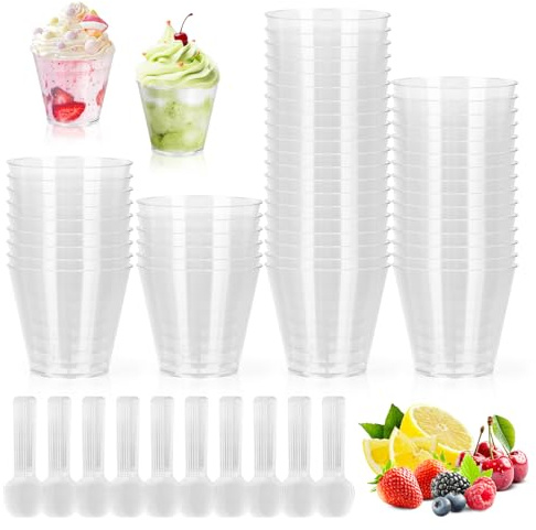 UTOCLEC Vasitos para Postres, 60 Piezas 100ml Plastico Vasitos con cucharas, Aperitivos Transparentes Reutilizables para Pudín, Mousse, Helado, Cumpleaños, Bodas