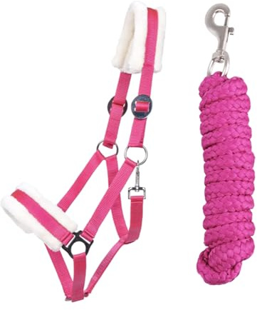 JA Horse JA4003 Comfort Halfter Set Karabinerhaken, Fuchsia, Pony | Comfort Pferdehalfter mit Kunstfell Führstrick Set, verstellbar mit Karabinerhaken für Pferd Holzpferd