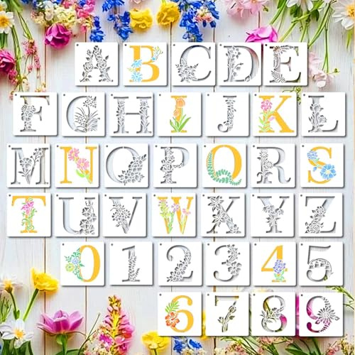 36 Stück Buchstaben Zahlen Blumen Schablone Malschablonen, Schablonen Textilgestaltung Schablone Malen Zeichenschablonen, Wiederverwendbare Schablonen Wandgestaltung Weihnachten 10cm Groß Klein