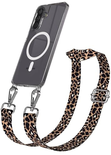EAZY CASE Handykette - Verstellbares Taschenband kompatibel mit Galaxy A57, Schulterriemen, Handykordel mit Silikon Hülle, Qi Charging kompatibel, Umhängetasche, Leo - Schwarz Braun Silber