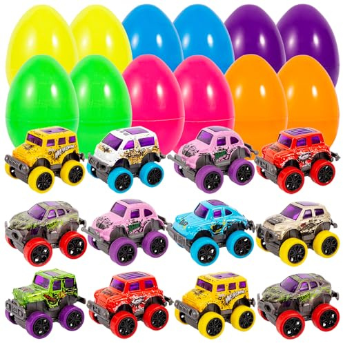 Garvee 12 Ostereier gefüllt mit Monster Truck Rückziehautos aus Die-Cast | Osternest-Füllung & Mitgebsel, verschiedene Designs, langlebiger Spritzguss, perfekt für Eiersuche, hochwertiges Spielzeug