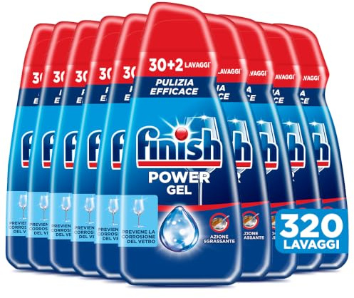 Finish Power Gel, Detersivo per Lavastoviglie Liquido, 320 lavaggi, 10 confezioni da 30+2 lavaggi, Protezione, Pulizia Efficace, Azione Sgrassante