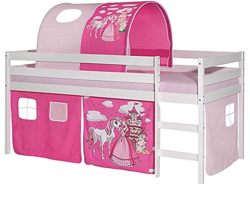 IDIMEX Hochbett Erik Kinderbett Spielbett Etagenbett Stockbett Holzbett, Vorhang und Tunnel mit Motiv Prinzessin rosa, Kiefer massiv weiß lackiert, 90 x 200 cm