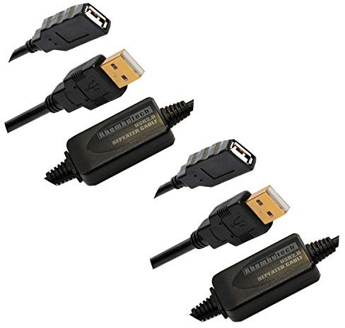 Rhombutech® Set 2 x 10 Meter USB 2.0 Verlängerung, Aktiv, Signalverstärker, Repeater, Verlängerungskabel, A-Stecker auf A-Buchse, Datenkabel, Anschlusskabel, doppelt geschirmt, vergoldete Kontakte