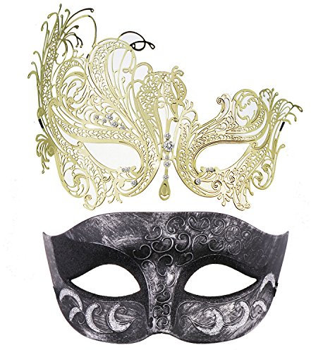 Thmyo 2 Pack Venezianische Masquerade Maske für Paare, Mardi Gras Halloween Ball Maske (Antikes Silber Schwarz & Gold)