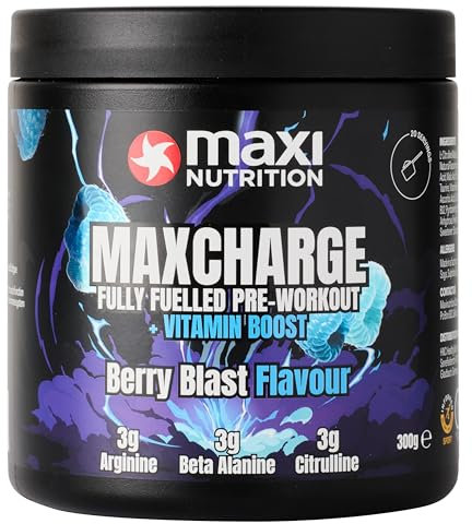 MaxiNutrition Max Charge Vitamin boosted Pre-Workout, Sugar-Free Energy and Performance Boosting Sports Drink for Endurance and Recovery, Berry Blast, 300g