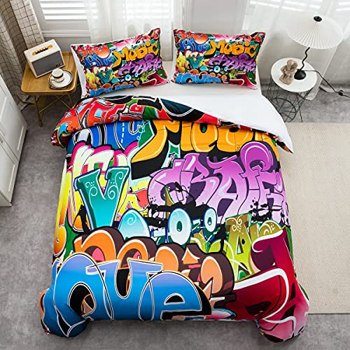 Loussiesd Graffiti Style Bettwäsche Set Kinder Hip Hop Thema Tröster Abdeckung für Jungen Teenager Jugend Illustration, Mann Bettbezug Street Culture 135x200cm Bettbezug 2 Stück mit Reißverschluss