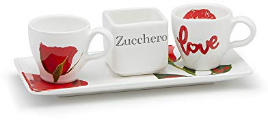 Vassoio con tazzine e porta zucchero in ceramica, MIKA, decoro Love.