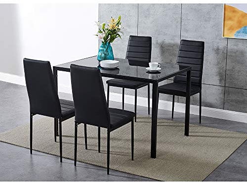 Dining Table and Chairs 4 Seater with Glass Room Leather Kitchen Furniture Set (Black Table120cm + 4 Black Chair)