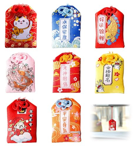 ZHMKYD13 Sac de Bénédiction Amulette 8pcs Porte Bonheur Une Bonne Santé Omamori Charme Chanceux Fortune pour Carrière Education Sécurité