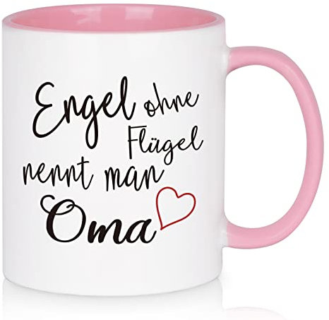 Livole Oma Geschenke Weihnachten Tasse, Lustig Geburtstag Geschenke für Großmutter von Enkel Enkelin, Beidseitig Bedruckt Tasse mit Spruch Engel ohne Flügel nennt man Oma, 11oz, 325ml Kaffeetasse Rosa