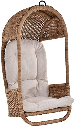 Hängeschaukel/Hängesessel aus ungeschältem Natur-Rattan - Hängekorb naturbelassen (Natur geflochten, Mit Polster)