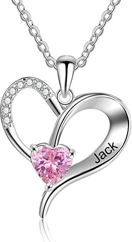 Customised Silver Love Heart Necklace for Women Cusume Jewellery- Pendant for Mum Grandma BFF Name Necklace Chain Personalised Gifts - Simulated Birthstone Engraved Names (1 Name 1 Birthstone)
