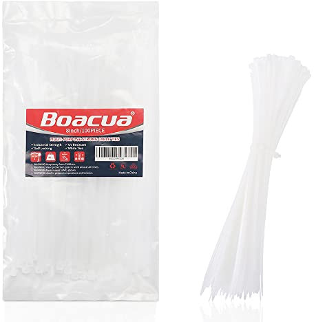 8 Inch Zip Cable Ties (100 Pieces), Self-Locking Premium Nylon Cable Wire Ties,Heavy Duty White, for Indoor and Outdoor by Boacua