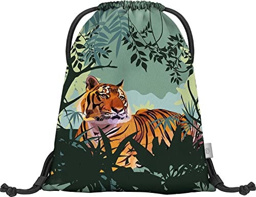 Baagl Turnbeutel für Junge, Wasserdichte Schuhbeutel für Kinder, Schule und Kindergarten Sportbeutel, Sportrucksack, Gymsack (Tiger)