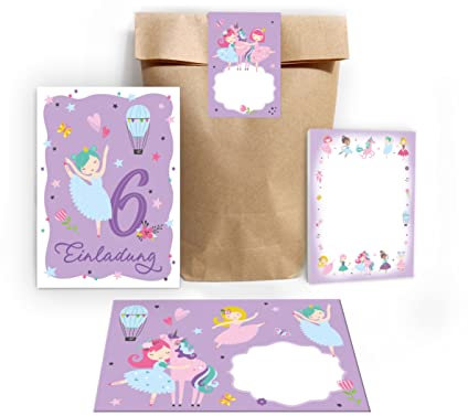 Junapack 12 Einladungskarten zum 6. Kindergeburtstag sechste Geburtstag Mädchen Ballerina incl. 12 Umschläge, 12 Tüten/Natur, 12 Aufkleber, 12 Blöcke