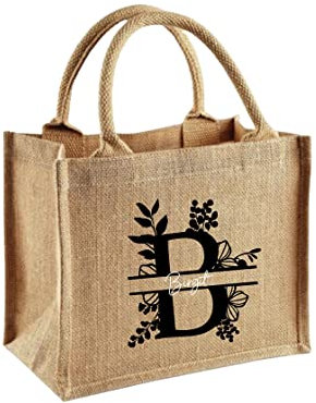 minimutz Sac en toile de jute avec monogramme floral et nom imprimés - Petit sac cadeau personnalisé pour la fête des mères et un anniversaire - Taille S (26 x 22 x 14 cm)
