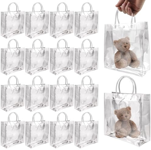 BadenBach 16 Stück transparente Kunststoff-Geschenktüten mit Griff, wiederverwendbar, transparent, PVC-Kunststoff, Geschenkverpackung, Tragetasche für Einkaufen, Party, Gastgeschenk (22x22x8 cm)