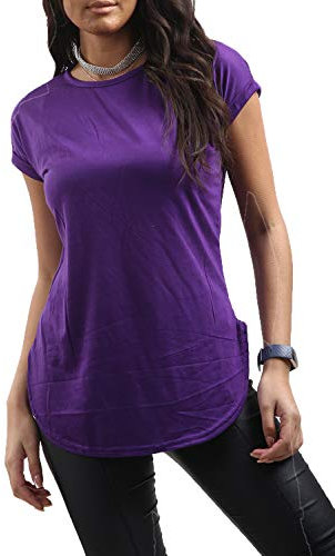 Fashion Star Womens Curved Hem Jersey Plain Top Round Neck Turn Up Cap Sleeve T-Shirt Plain Purple Plus Size (UK 16/18)