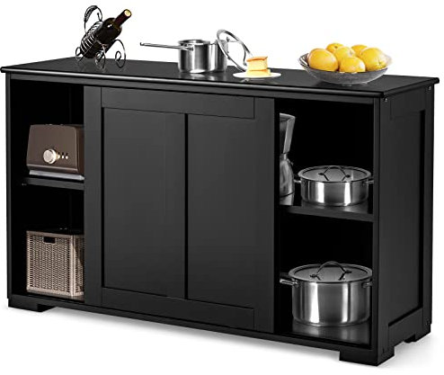 GOPLUS Buffet Commode Bas avec 2 Etagères, Tablette Hauteur Réglable, Vaisselier/Bahut de Cuisine avec Porte Coulissante, Meuble de Rangement en MDF, 106,5 x 33 x 60 CM, Noir
