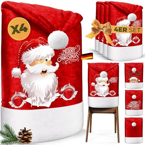 KESSER® Premium Weihnachtsstuhlüberzug 4er Set Stuhlhussen für Weihnachten Nikolausmütze Stuhlbezug Husse Weihnachtsdeko für Stühle Überzieher - Stuhlabdeckung im weihnachtlichen Design, Rot / Weiß
