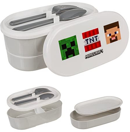 PhiLuMo Minecraft - Juego de 2 compartimentos de plástico con cuchara y tenedor - 17 x 9 cm