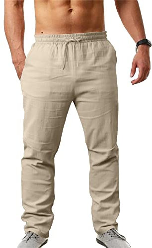 NANAMEEI Herren Leinenhose Lang mit Kordelzug Leicht Sommer Strand Einfarbig aus Baumwollmischung Khaki XL