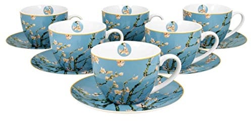 DUO ART GALLERY 6er-Set Tassen 220 ml ALMOND BLOSSOM mit Untertassen, New Bone China Porzellan