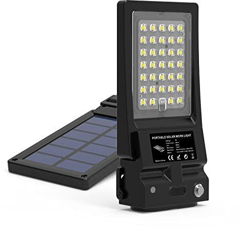 Projecteur LED Rechargeable, Projecteur LED Chantier, Lampe de Travail Portable avec Batterie Rechargeable & Panneau Solaire, Lumière d'Urgence pour Camping, Bricolage, Situation d'Urgence, Pêche