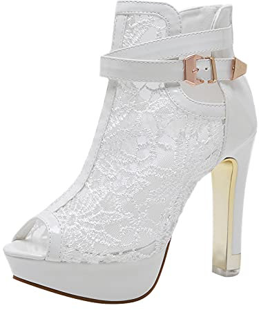 Botines de Punta Abierta para Mujer Elegantes Bordados de encaje Floral Malla de Rejilla Tacones altos Punta Abierta Cremallera en El Tobillo Hebilla de Plataforma Botines de Aguja Ahuecados