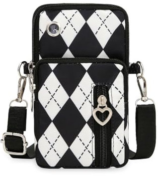 Narunii Petit Sac Téléphone Portable Femme,Sac de téléphone Portable,Bandoulière Portefeuille Poche,Crossbody Pochette Sacoche Running (Grille Diamant Noir et Blanc)