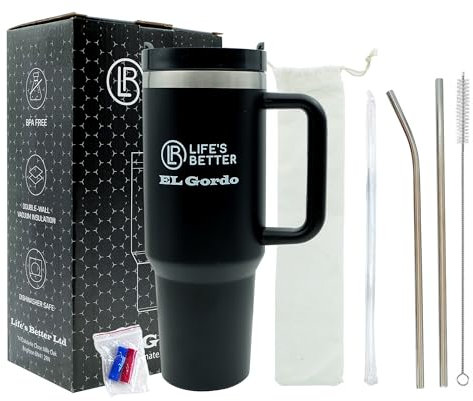 Life's Better 40oz Tumbler - Tumbler with Handle - Double Wall Stainless Steel Vacuum Mug - Travel Flask for Hot/Cold Drinks - Plus 2 Steel Straws & Silicone Tips - Brush- BPA-Free - Matt Black