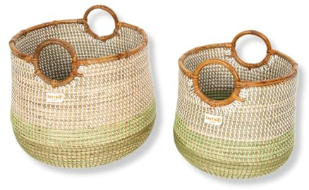 Terra Home 2er Set Aufbewahrungskörbe - stapelbar, Seegrass, rund, Ø 42 cm & 34 cm, geflochten, dekorativ, mit Henkel - Korb für Aufbewahrung, Spielzeug, Kinderzimmer, Wohnzimmer, Badezimmer (grün)