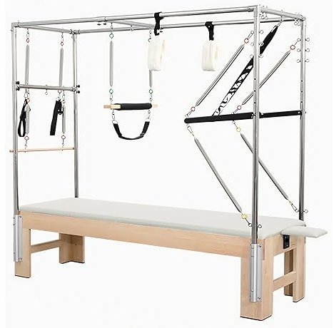 SwAcch Value Edition Vintage Massivholz Pilates Cadillac Ausrüstung, Trapeztisch für Heimstudio Pilates-Gerät für Workouts,Weiß