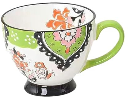 CAPIJIONG Taza creativa de cerámica pintada a mano con asa, horno de microondas disponible, taza de avena de leche japonesa retro de gran capacidad para desayuno, leche y avena, curruca verde