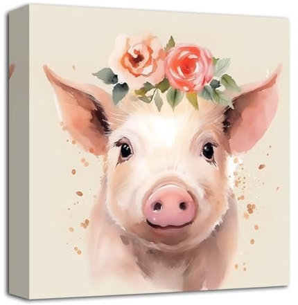 LZIMU Schwein Leinwand Wandbilder lustiges Schwein mit Blumenkrone Kunstdrucke Bilder von Bauernhoftieren rustikale Bauernhaus Küchen Wanddekoration (C, 40.00 x 40.00 cms)