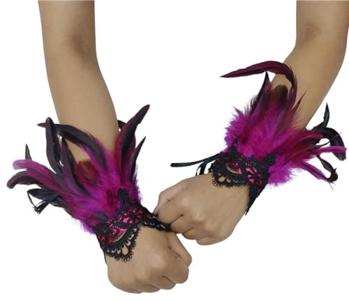 Asudaro Frauen Feder Handgelenk Manschetten, 1pair Floral Lace Armbänder Gothic Mesh Armband Lange Handschuhe Armstulpen Arm Stulpe Handschuhe Armschmuck für Cosplay Halloween Party Kostüm rosig