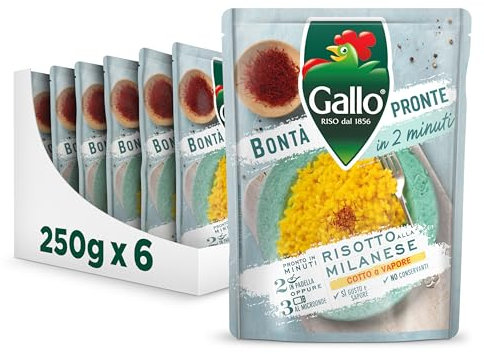 Riso Gallo Bontà Pronte Risotto alla Milanese 6 x 250gr, Risotto allo Zafferano, Cotto a Vapore, Pronto in 2 min al Microonde, in Padella,